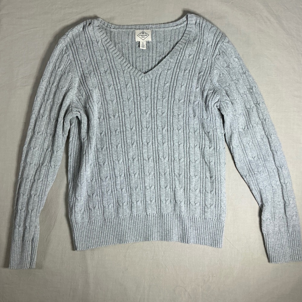 St Johns Bay Sweater Womens XL Gray V-Neck Cable Knit Cotton Blend Pullover